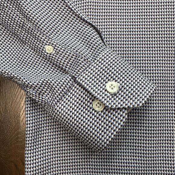 Johnston & Murphy Dress Shirt Sz L Blue Brown White Textured Button Up Flip Cuff - Picture 7 of 13